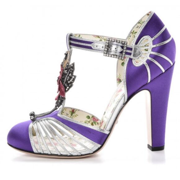 Gucci  Nappa Silk Mariska Embellished T-Strap Pumps 37IT - Picture 2 of 10
